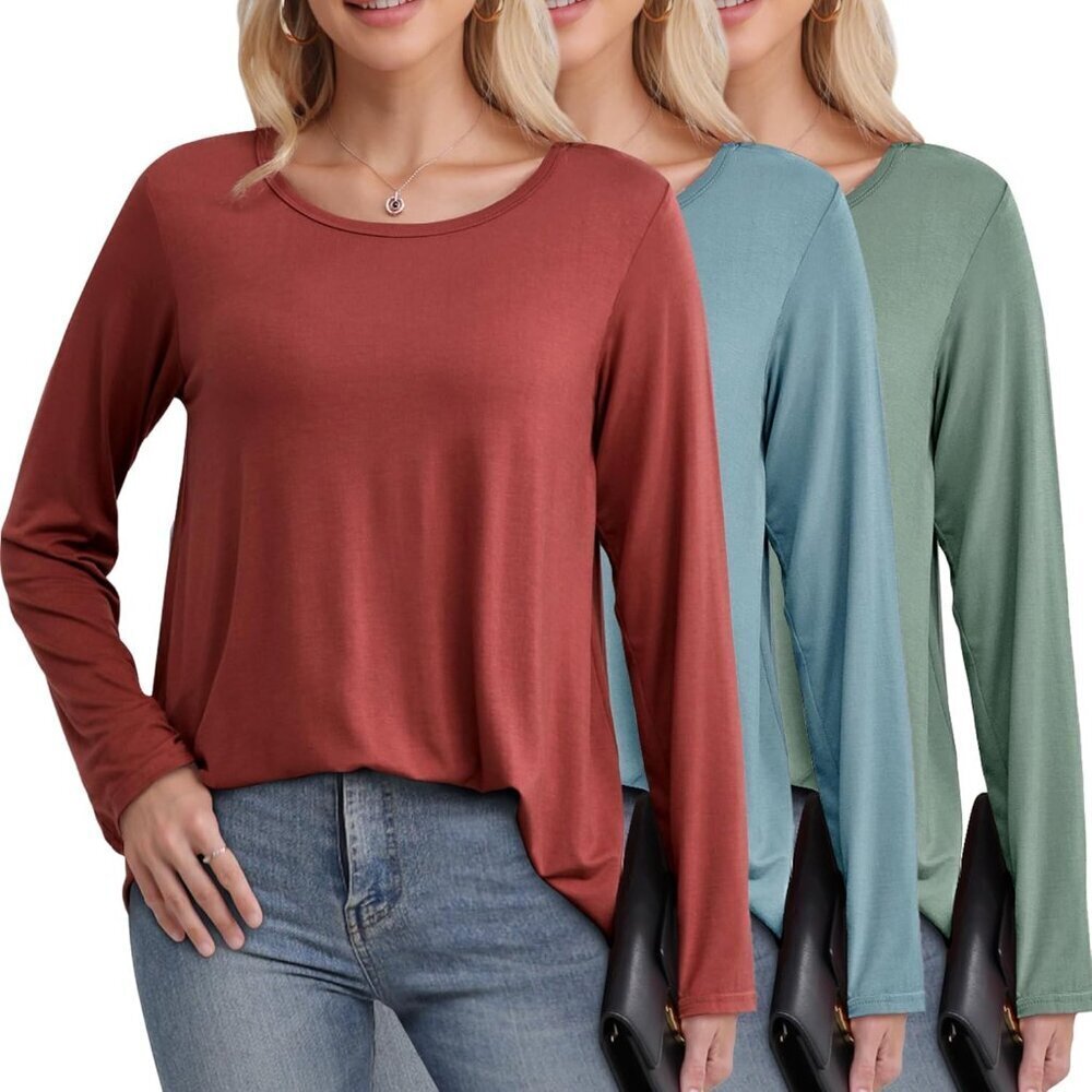 Women's Long Sleeve Shirts Pack 3 Loose Fit Scoop Neck Casual Tops